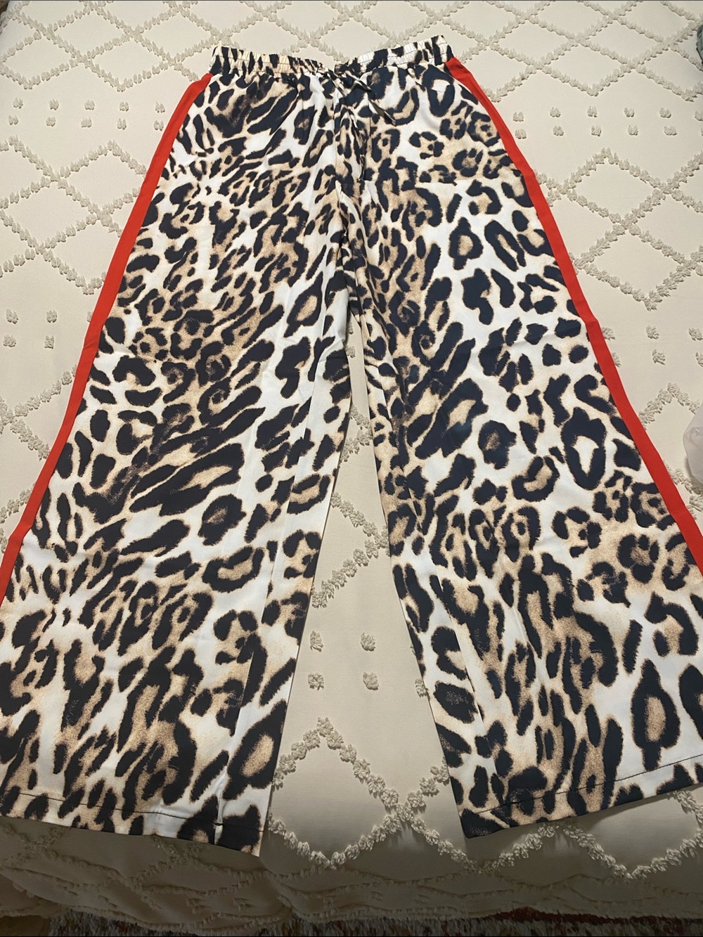 Leopard Print wide leg pants with Red Side Stripe
